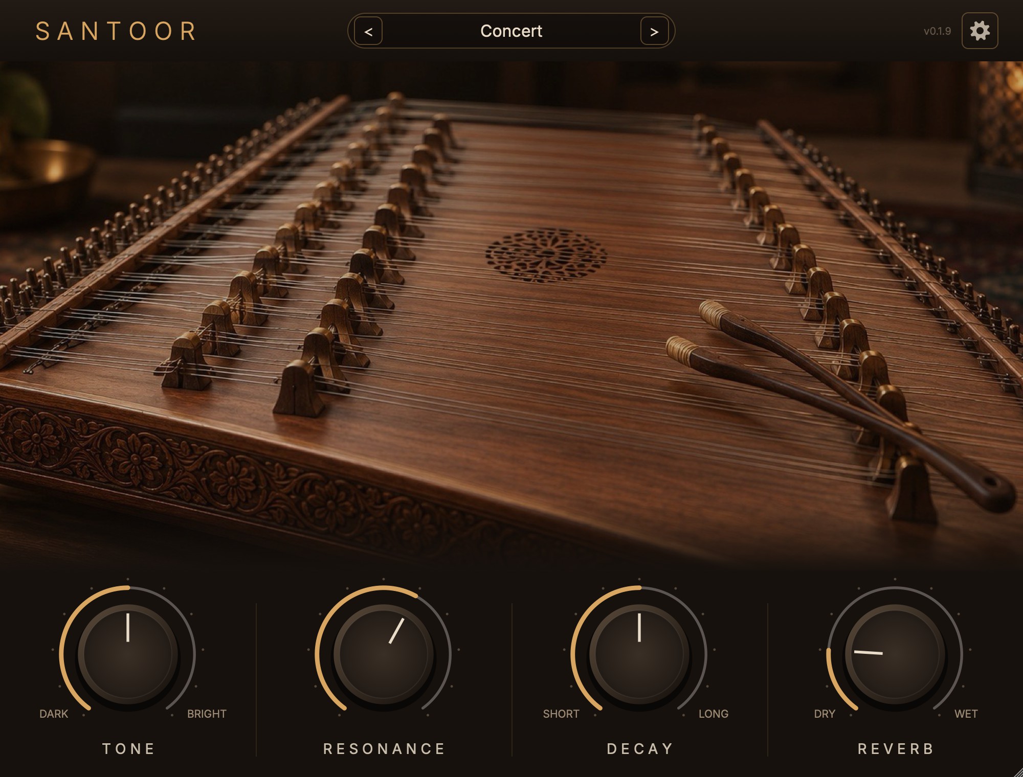 The Halcyon Santoor window: a walnut santoor with brass bridges and two mallets resting on the strings, above four knobs for tone, resonance, decay and reverb.