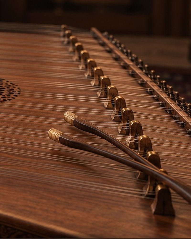 Two walnut mallets resting across the strings of a santoor, beside a row of brass bridges.